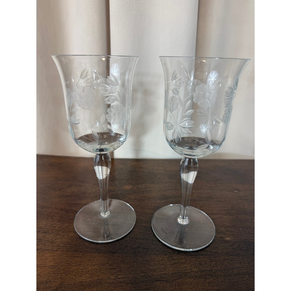 VTG PAIR (2) 1960s Colony Sara-Consara Floral Etched Water Goblet 7 5/8" Romania
